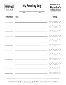 United Through Reading printable reading log for elementary aged students.