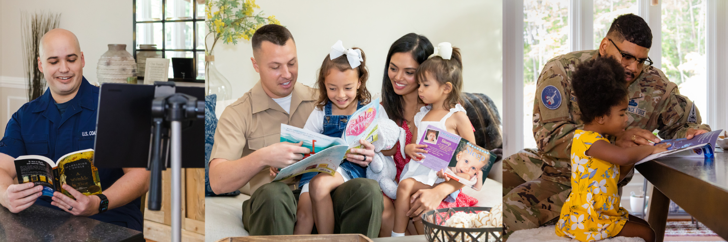 service members recording story, reading books with families