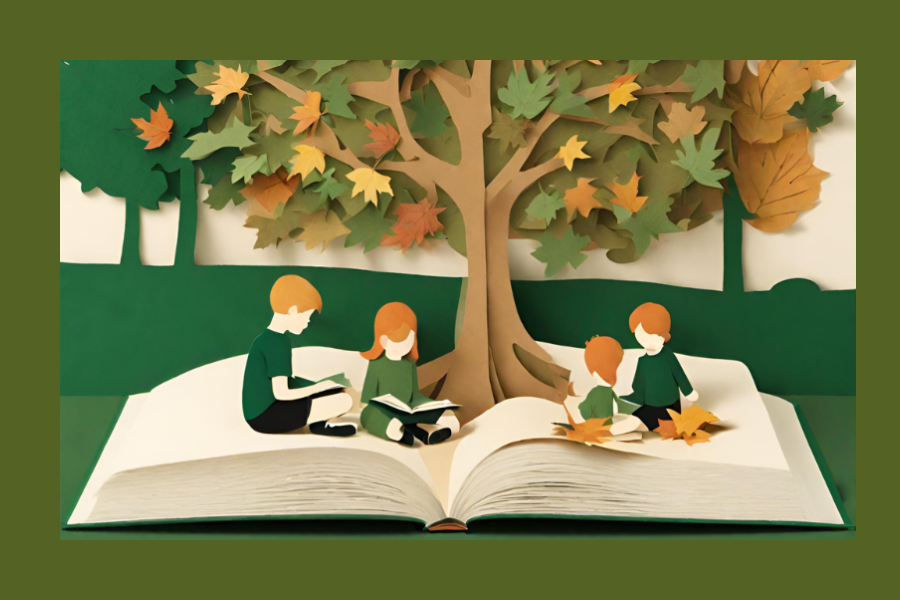 This is a illustration made in the cut paper styler. Four children are seated on an oversized book that is open on the ground. They are reading underneath a tree wit fall colored leaves.