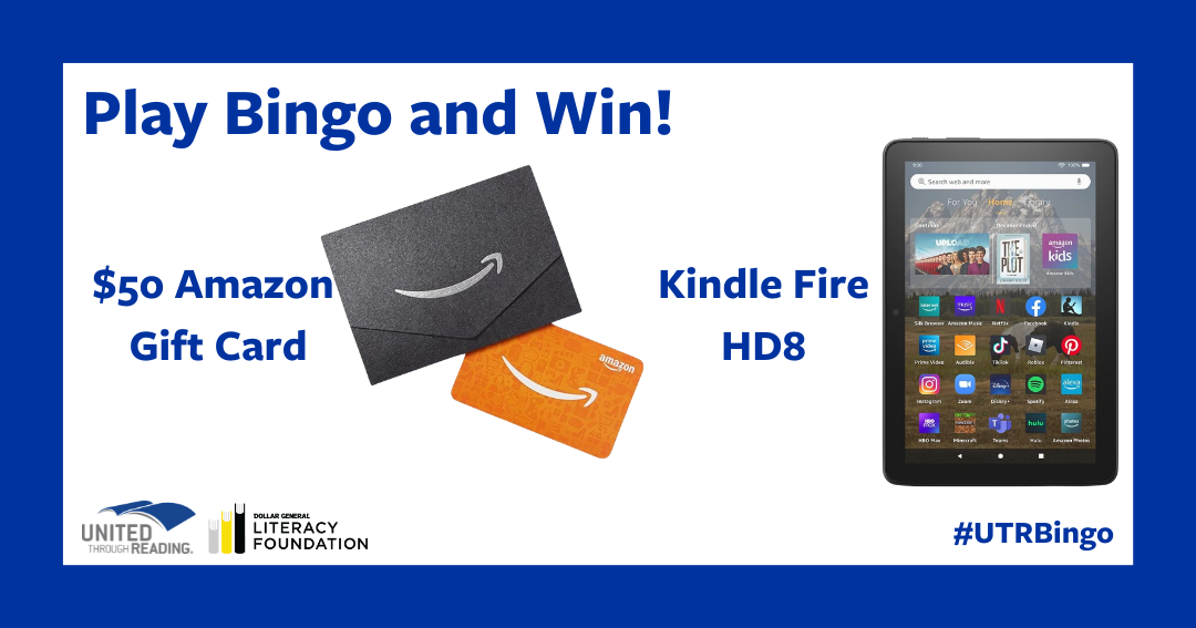 "Play Bingo and Win!" Images are an Amazon gift card and envelope and a Kindle Fire. #UTRBingo