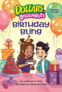 Two young adults stand next to a table laden with birthday presents, treats, and balloons. The young girl, Lucy, is showing the young boy, Julian, her new credit card.