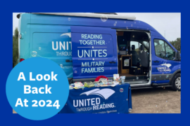 "2024 Year in Review" The Mobile Story station is parked. The van door is open. There is a table laid out with children's books in front of the open door.