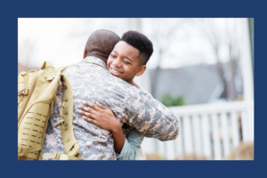 This image features a joyful moment between a military service member in uniform and a child, possibly their son, sharing a warm embrace. The background suggests a residential setting with blurred outdoor elements, like trees and a house, adding to the heartfelt and personal tone. The service member carries a backpack, indicating they might be returning home. The image captures themes of family connection, love, and togetherness, resonating with the holiday season or reunion moments. A navy-blue border frames the image, giving it a polished and professional presentation.