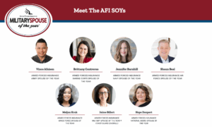 Graphic introducing the 2025 Armed Forces Insurance Military Spouse of the Year (AFI MSOY) awardees. At the top left is the Military Spouse of the Year logo and the heading “Meet The AFI SOYs.” Below are six circular headshots arranged in two rows. Top row, left to right: Vince Afaisen, Army Spouse of the Year; Brittany Contreras, Marine Corps Spouse of the Year; Jennifer Barnhill, Navy Spouse of the Year; Shaun Beal, Air Force Spouse of the Year. Bottom row, left to right: Meljun Kruk, Space Force Spouse of the Year; Jaime Billert, overall Military Spouse of the Year and Coast Guard Spouse of the Year; Hope Daupert, National Guard Spouse of the Year. Each headshot is labeled with the person’s name and title.