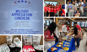 Collage of images from the Military Appreciation Luncheon hosted by Rate. Top left shows a blue and red event sign with details of the luncheon. Top middle shows a group photo of attendees wearing red “Rate” shirts in front of a screen with balloon columns in red, white, and blue. Top right shows people at a baseball game holding blue “Hero of the Game” signs. Bottom left shows an informational table with brochures, giveaway items, and a Rate t-shirt. Bottom right shows volunteers standing at a long table, packing children’s books into boxes.