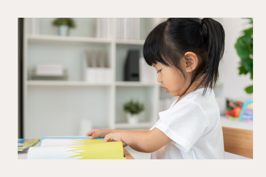 A young child sits at a table, focused on reading an illustrated book with bright colors. The child is turning a page and wearing a white shirt. Behind them is a softly lit room with shelves, plants, and household items in the background.