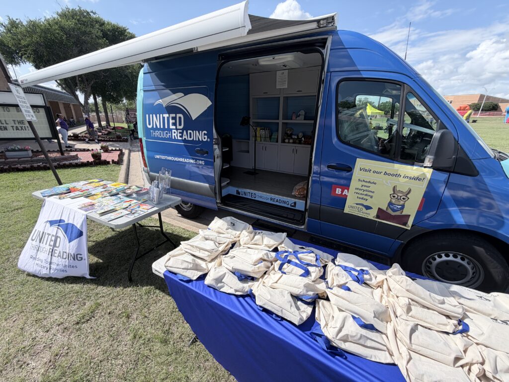 UTR's finished Mobile Story Station with tabling at the front with goodies