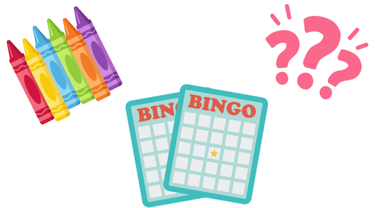 illustrations of the crayons, questions marks, and bingo cards