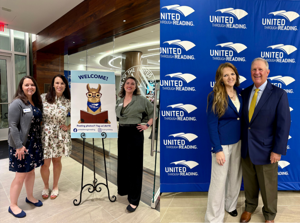 UTR staff standing next to welcome sign and UTR CEO and UTR Lead Trustee posing together