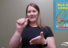 UTR volunteer signs in American Sign Language (ASL) while reading Milk and Cookies by Frank Asch. The book cover appears in the top right corner, and the United Through Reading logo is displayed in the bottom right corner.