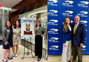 UTR staff standing next to welcome sign and UTR CEO and UTR Lead Trustee posing together